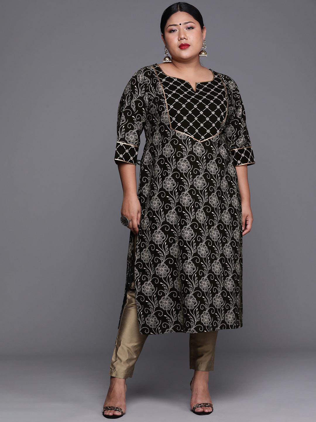 Plus Size Black Yoke Design Cotton Kurta