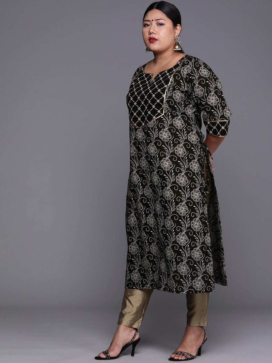 Plus Size Black Yoke Design Cotton Kurta