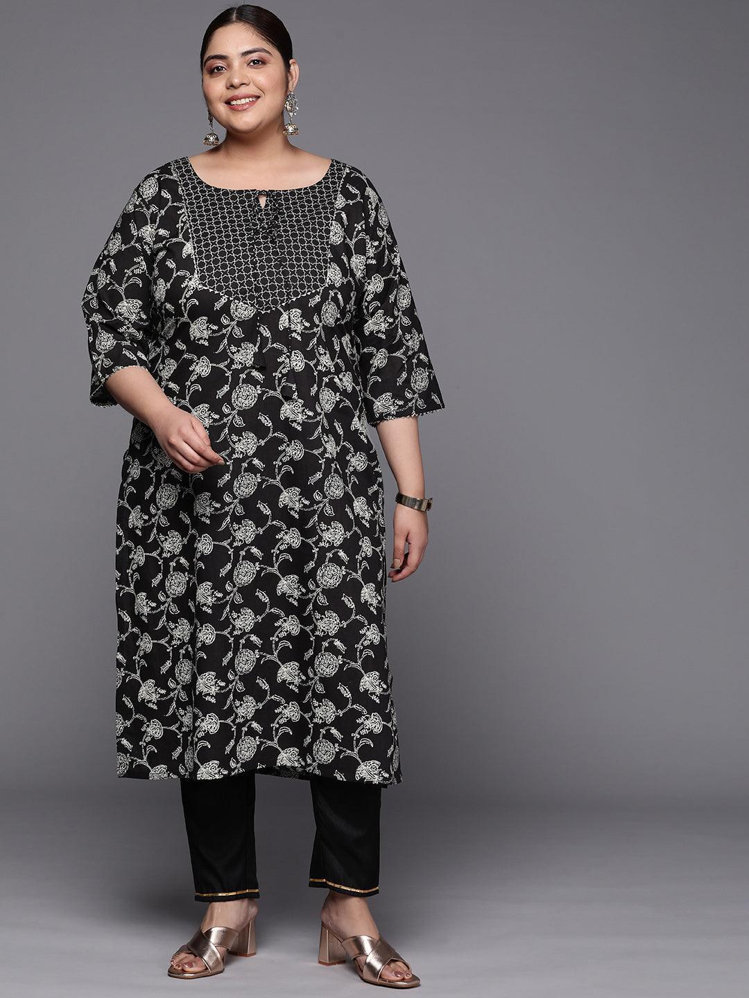 Plus Size Black Yoke Design Cotton Straight Kurta - ShopLibas