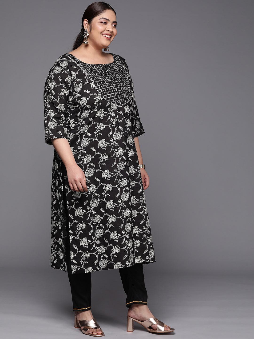 Plus Size Black Yoke Design Cotton Straight Kurta - ShopLibas