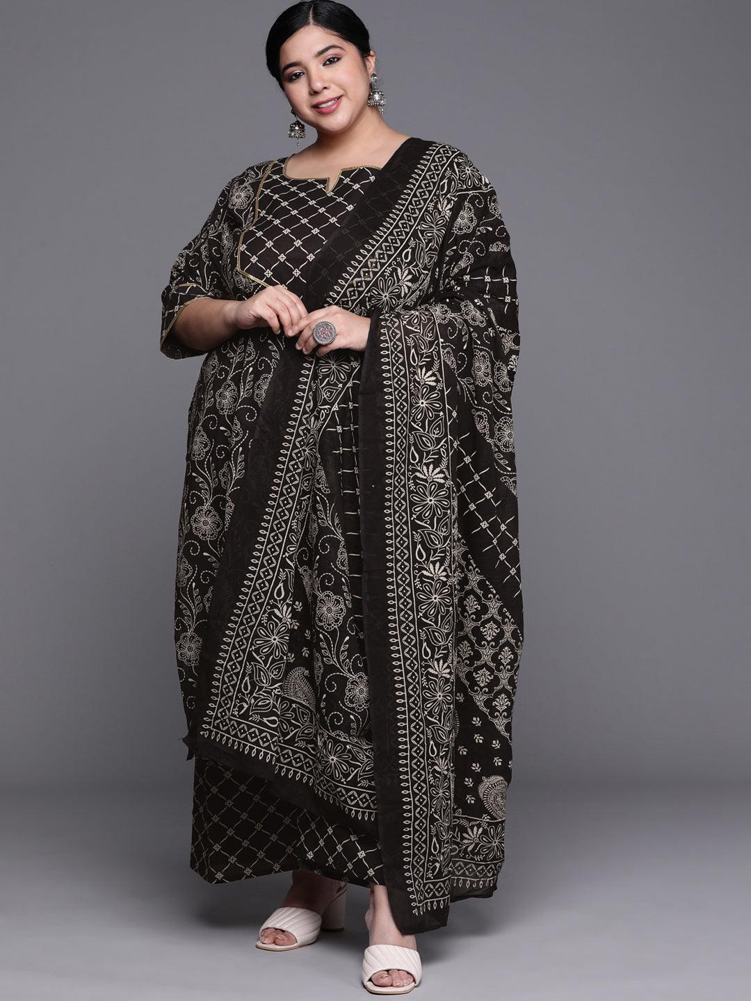 Plus Size Black Yoke Design Cotton Suit Set