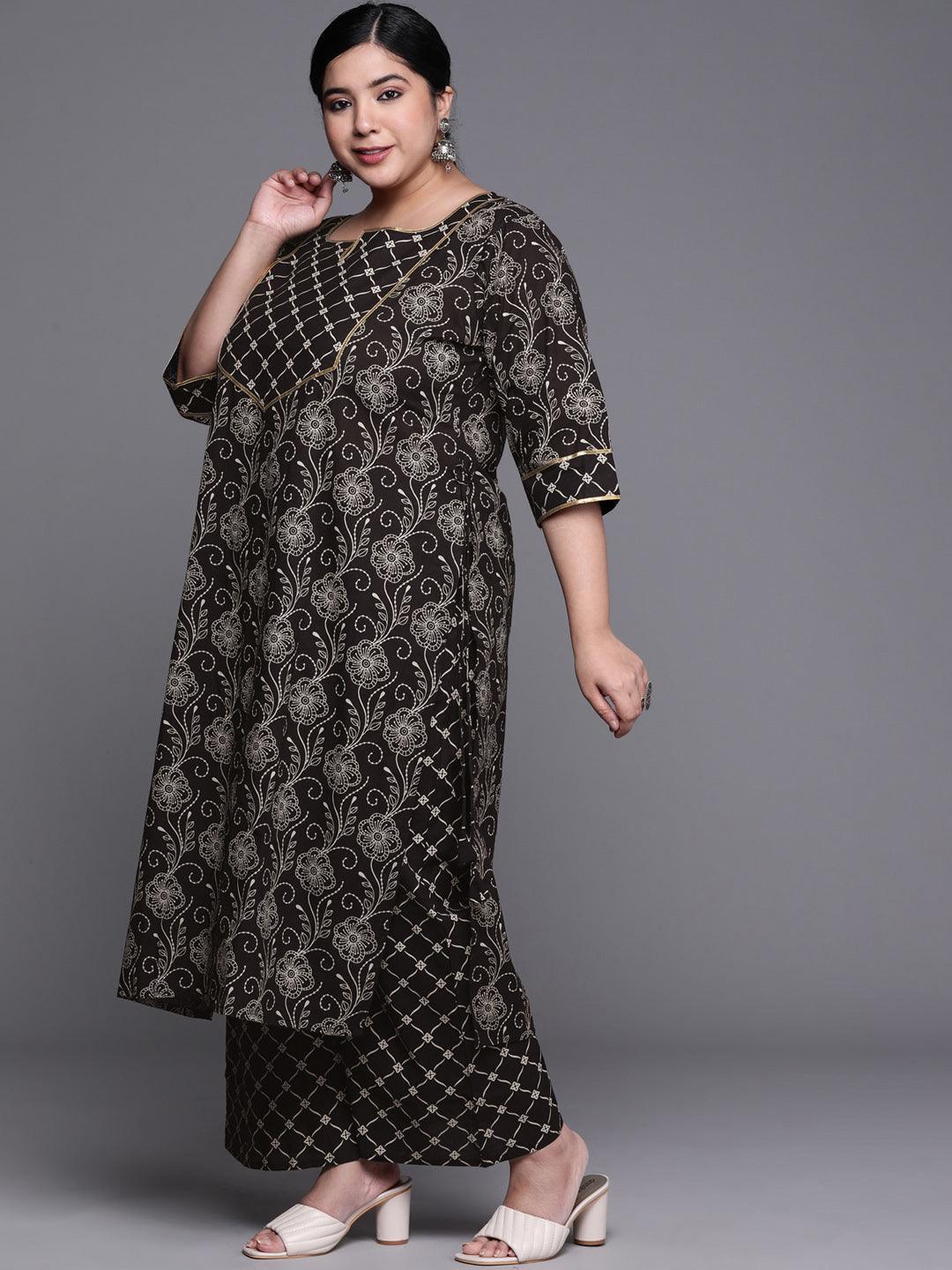 Plus Size Black Yoke Design Cotton Suit Set