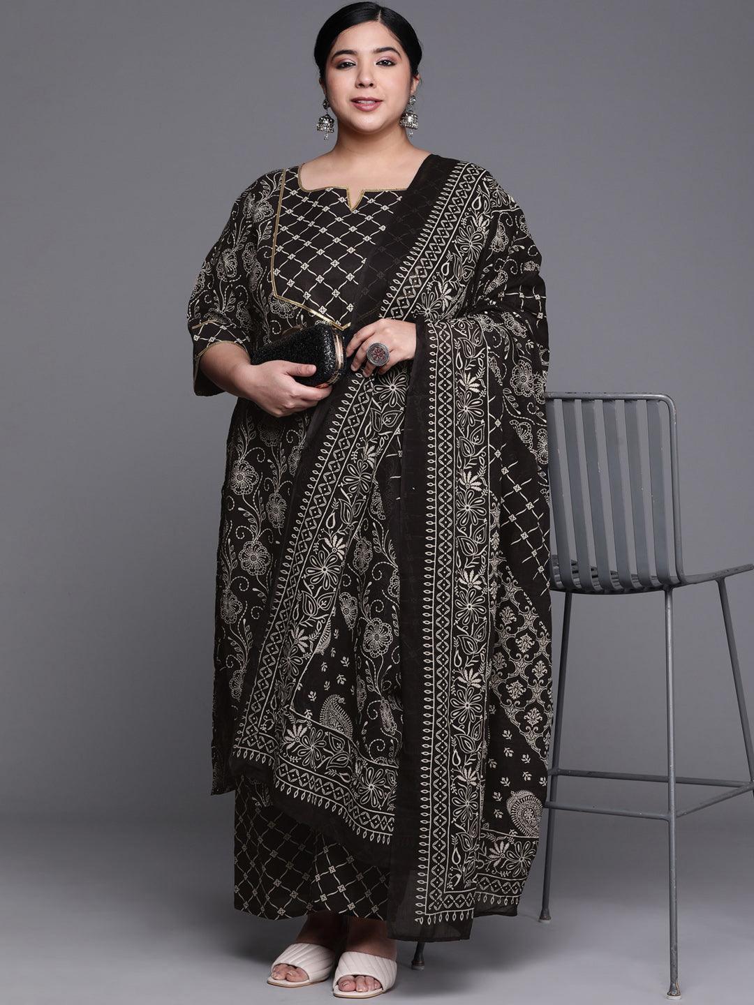 Plus Size Black Yoke Design Cotton Suit Set