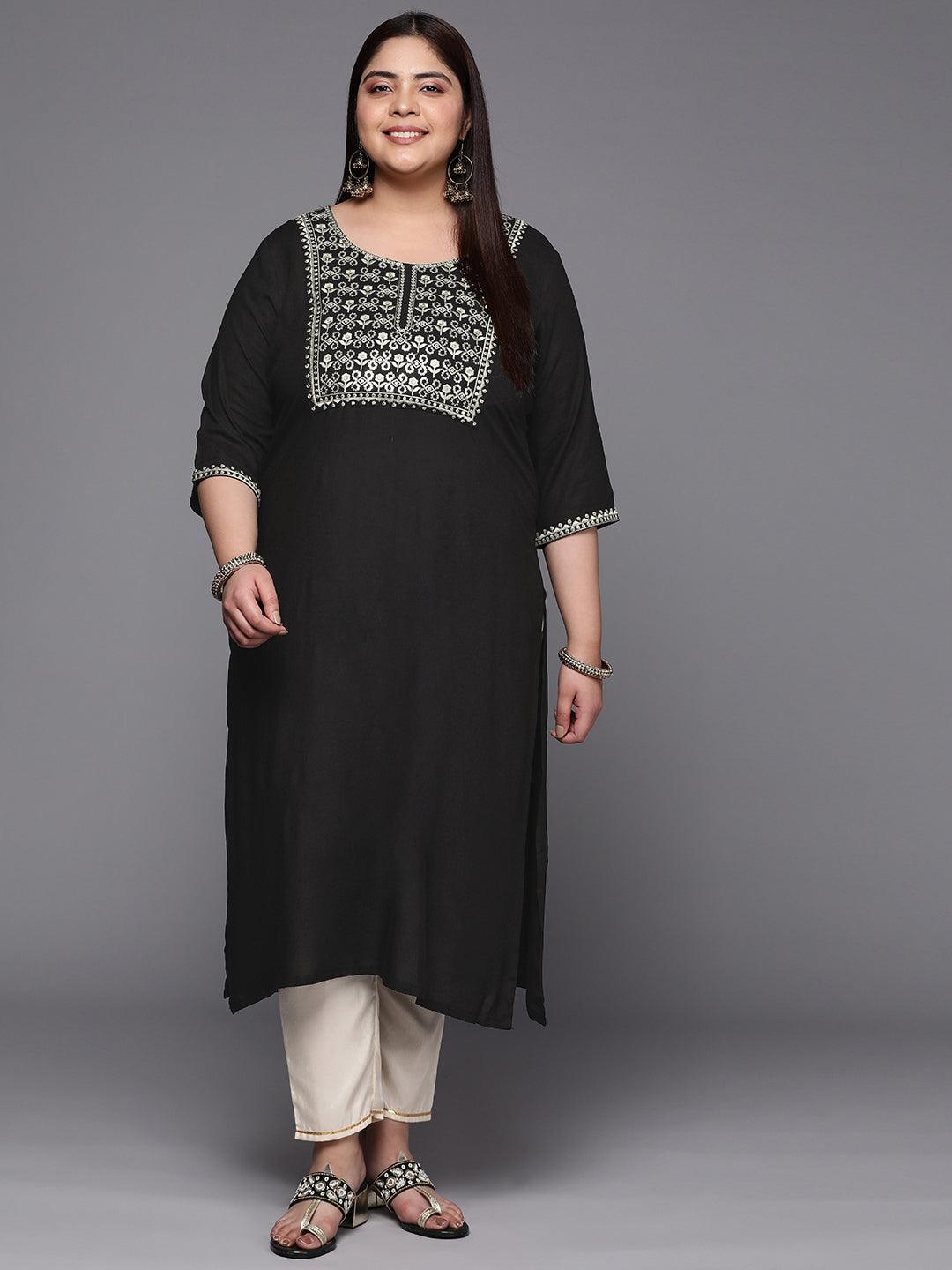 Plus Size Black Yoke Design Rayon Straight Kurta