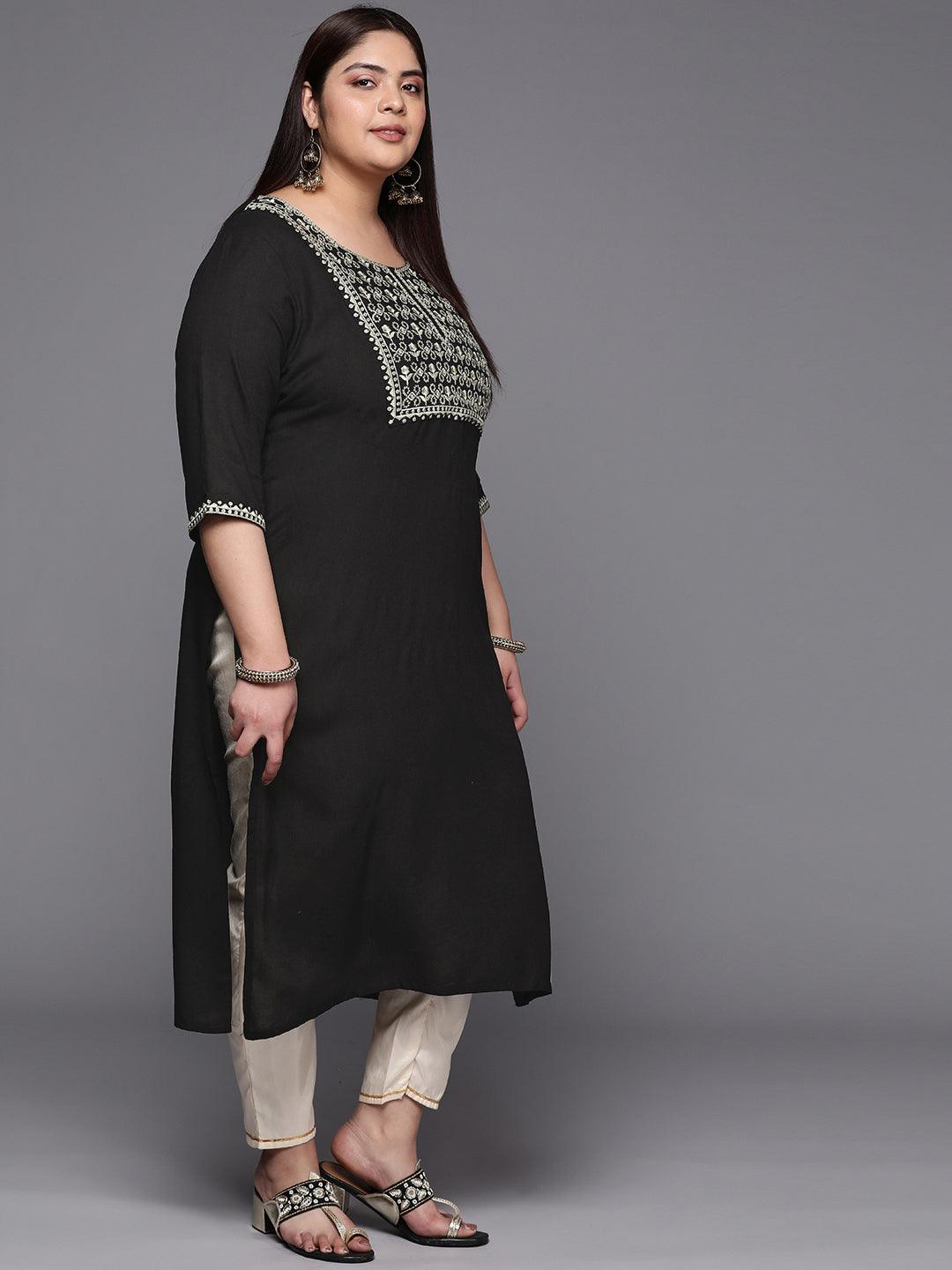 Plus Size Black Yoke Design Rayon Straight Kurta