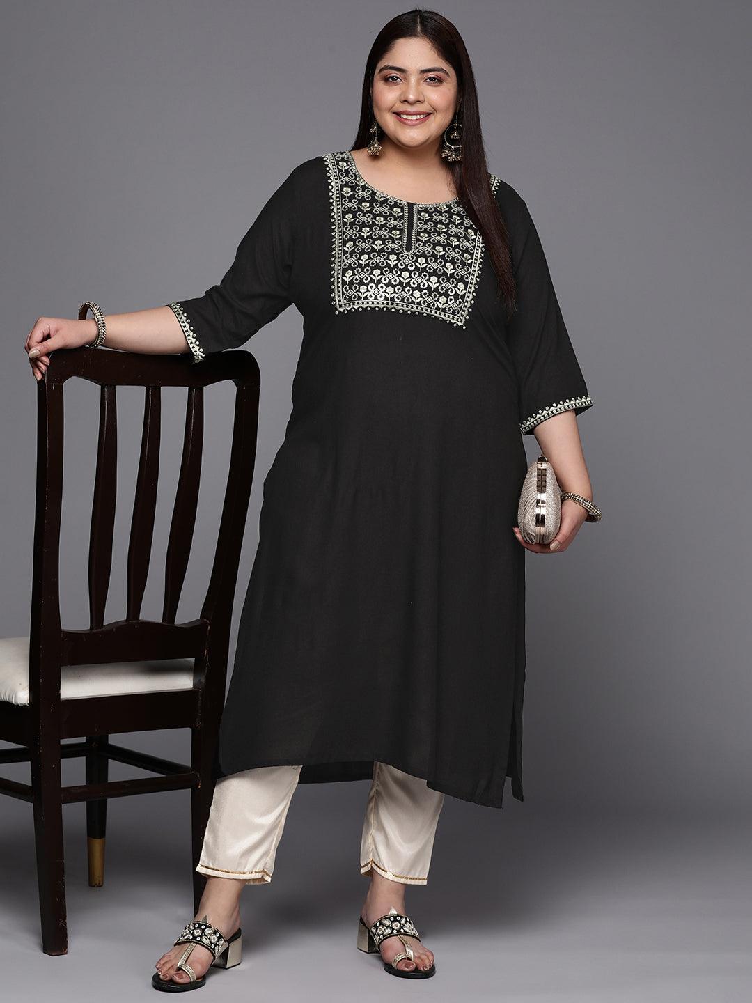 Plus Size Black Yoke Design Rayon Straight Kurta