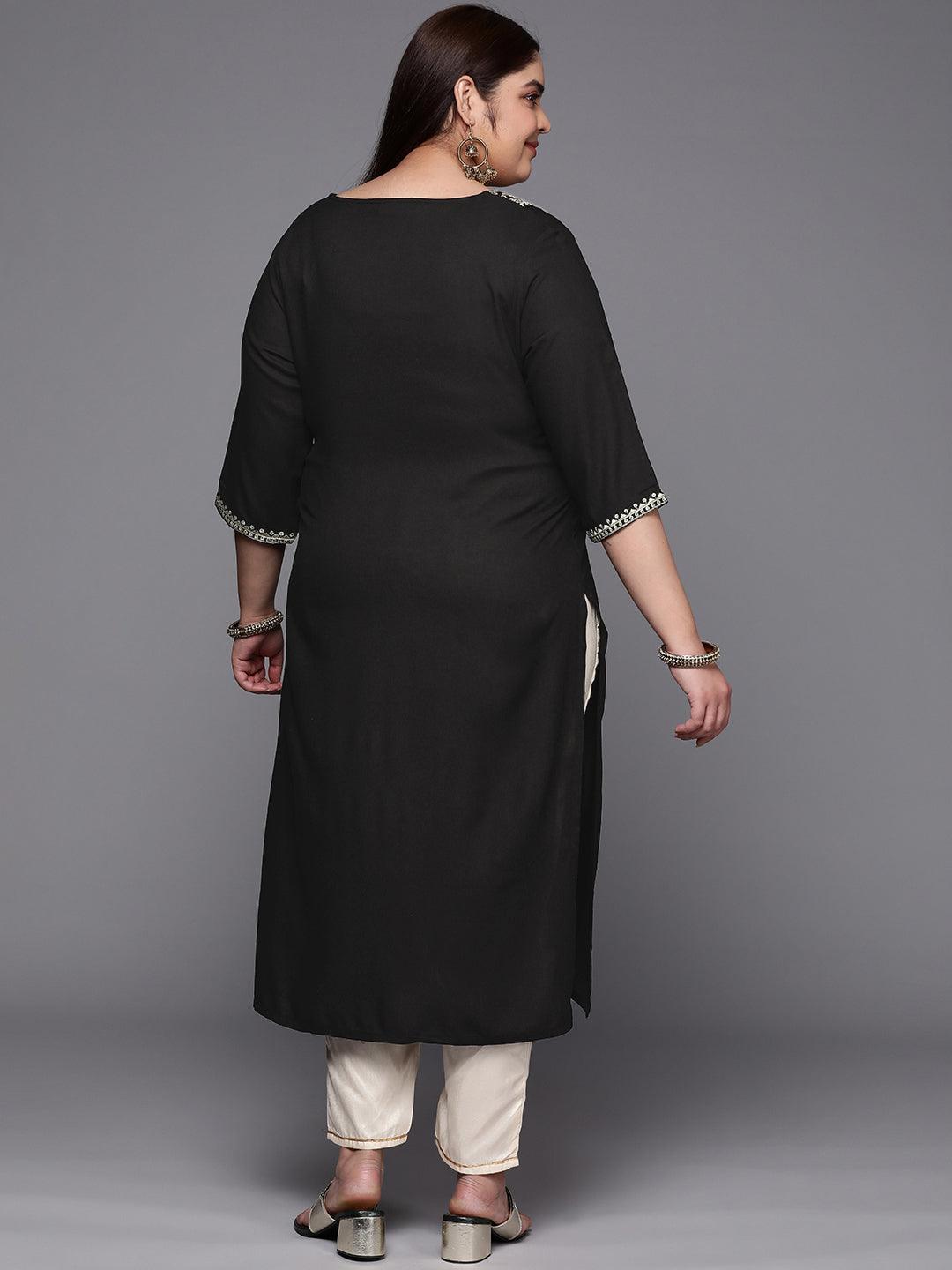 Plus Size Black Yoke Design Rayon Straight Kurta