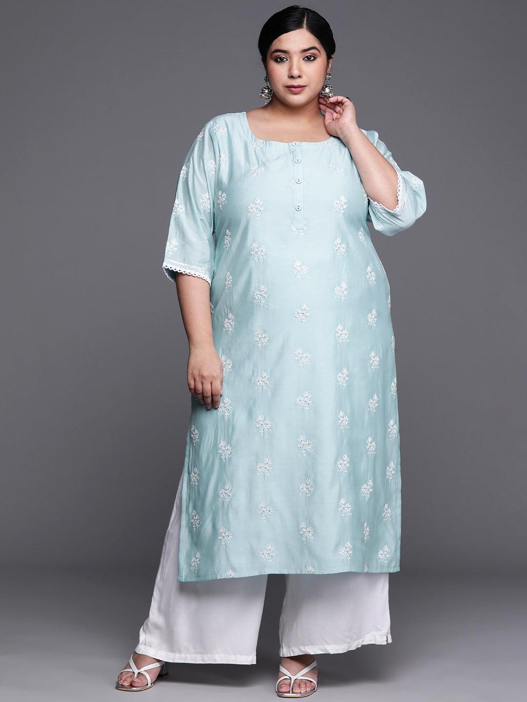 Plus Size Blue Embroidered Chanderi Silk Kurta