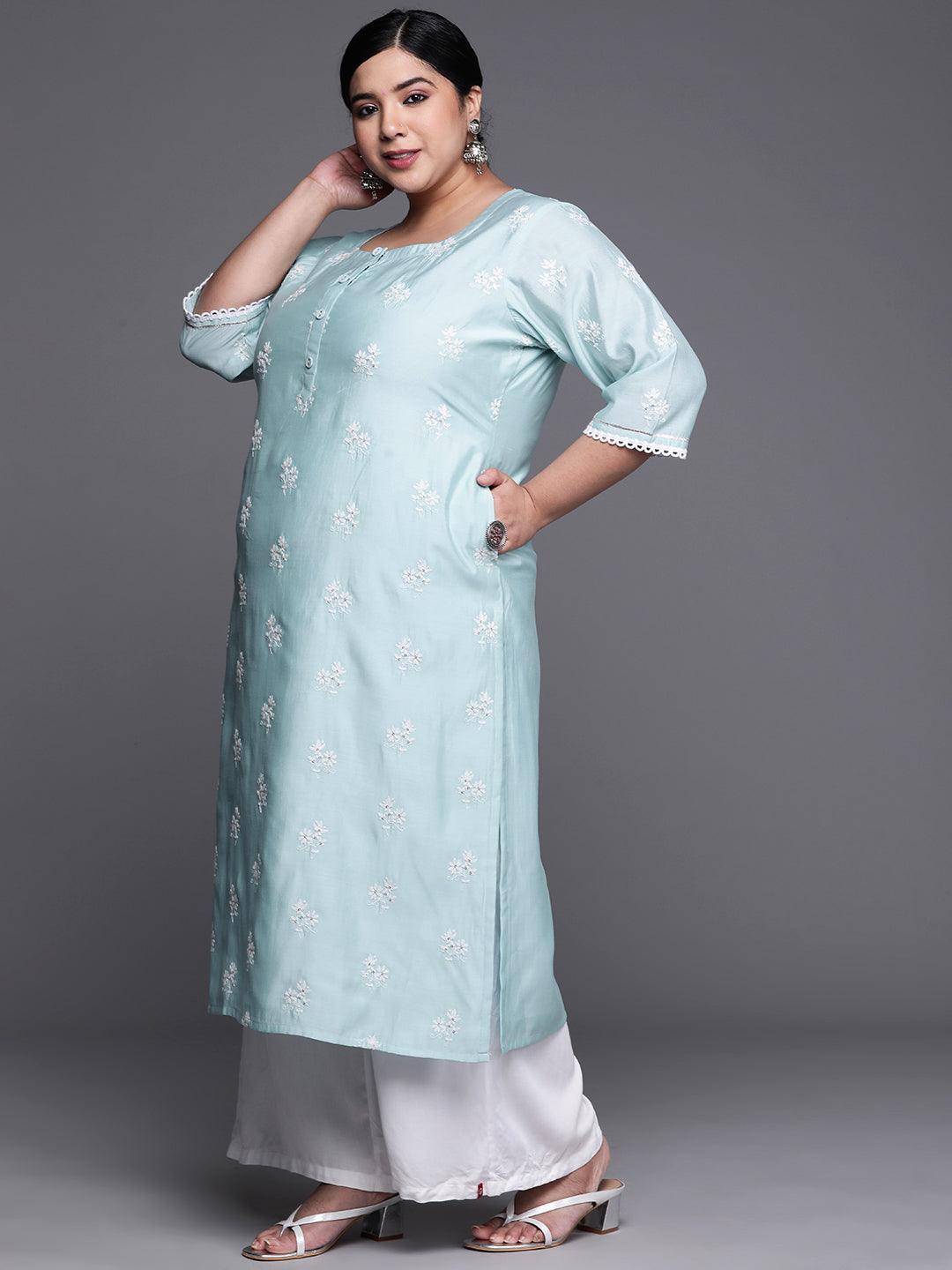 Plus Size Blue Embroidered Chanderi Silk Kurta