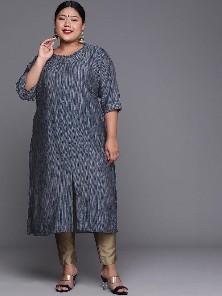 Plus Size Blue Printed Chanderi Silk Kurta - Libas