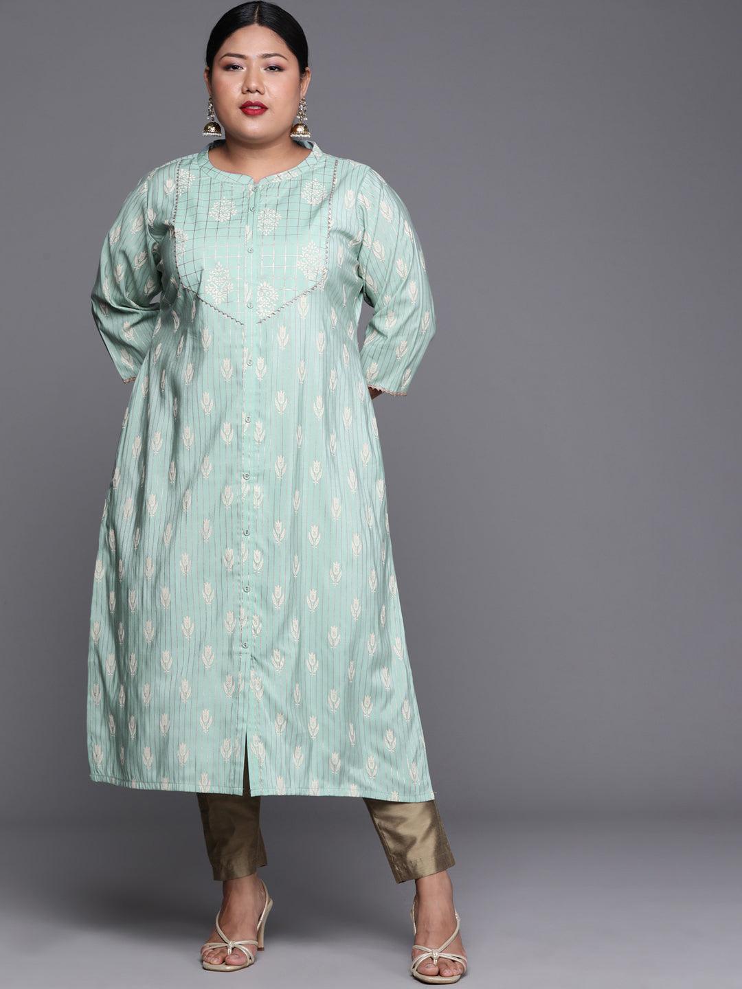 Plus Size Blue Printed Chanderi Silk Kurta