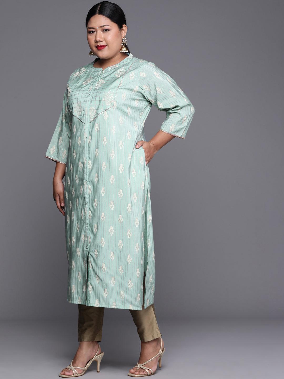 Plus Size Blue Printed Chanderi Silk Kurta