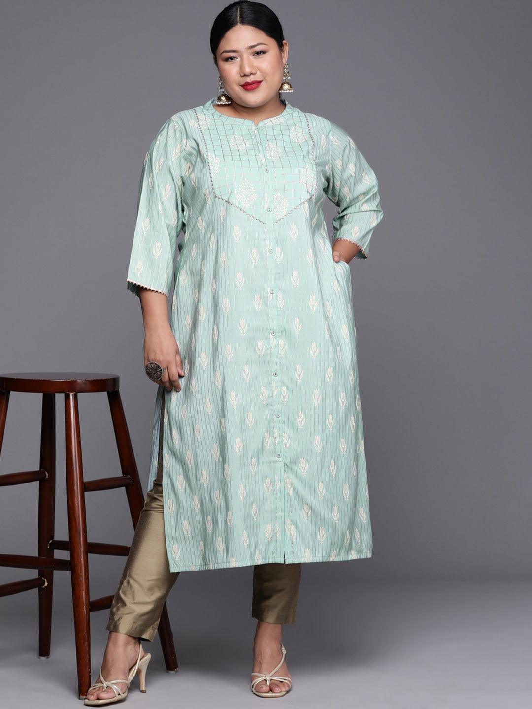 Plus Size Blue Printed Chanderi Silk Kurta