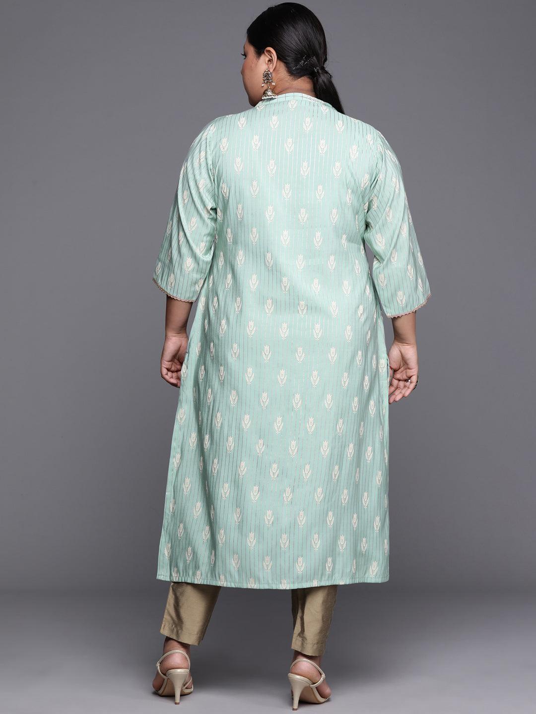 Plus Size Blue Printed Chanderi Silk Kurta