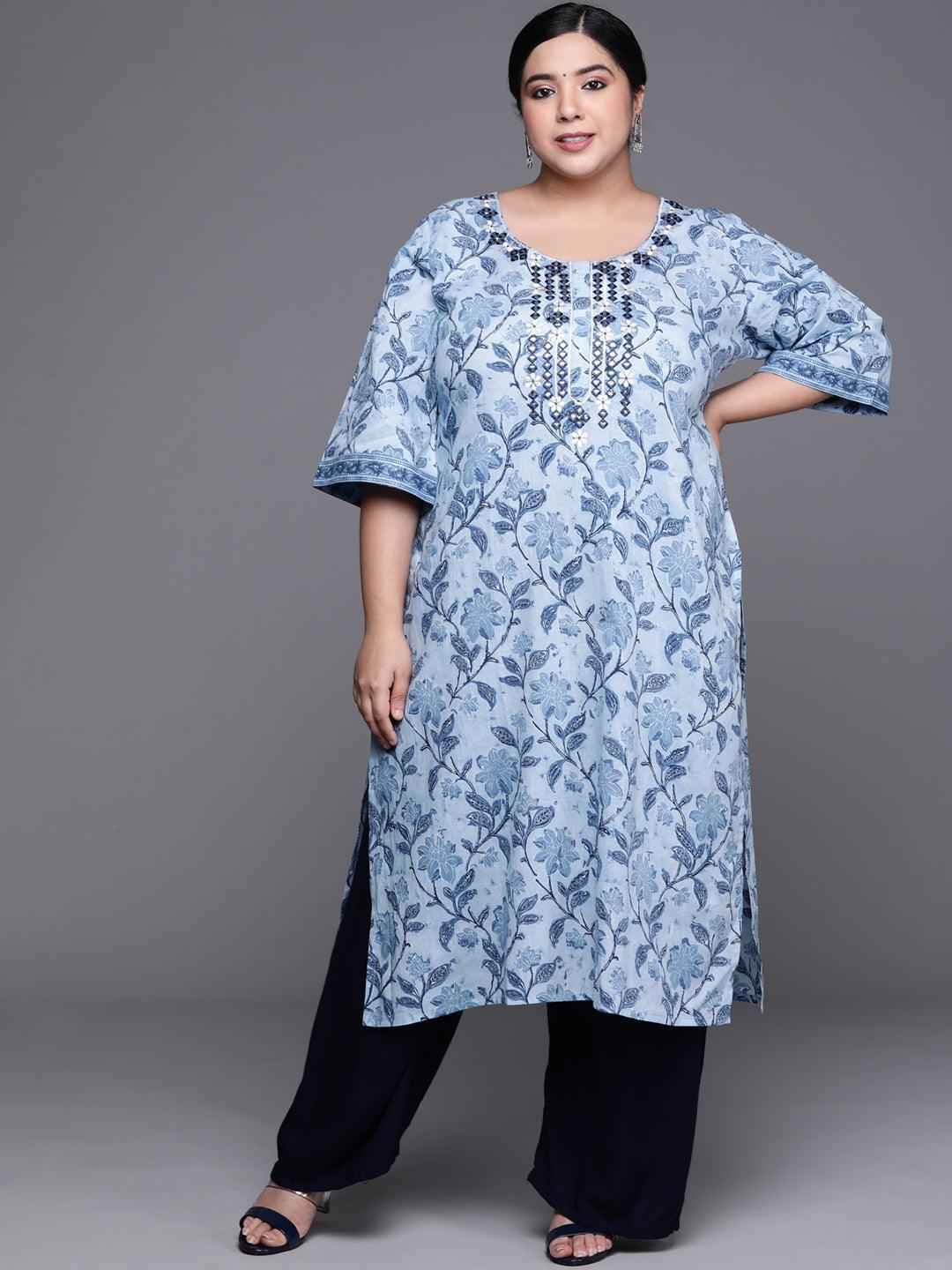 Plus Size Blue Printed Cotton Kurta