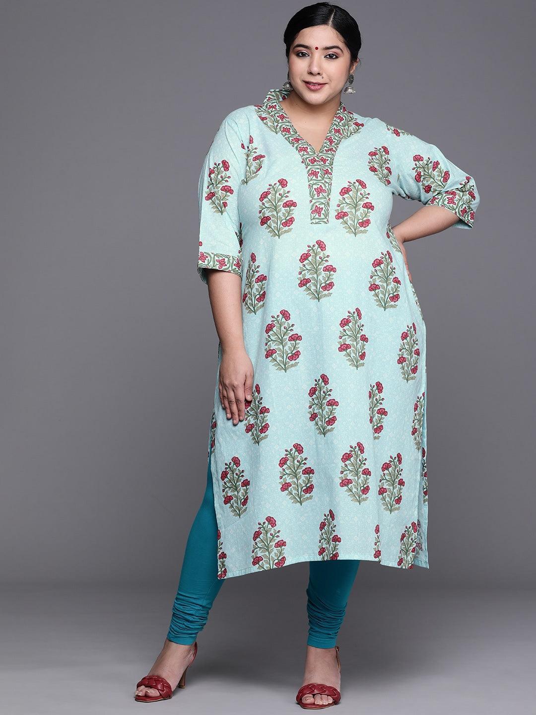 Plus Size Blue Printed Cotton Kurta