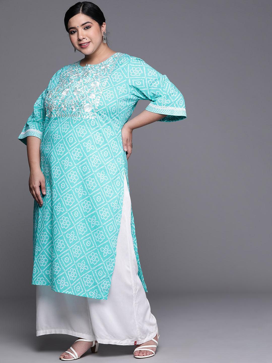 Plus Size Blue Printed Cotton Kurta