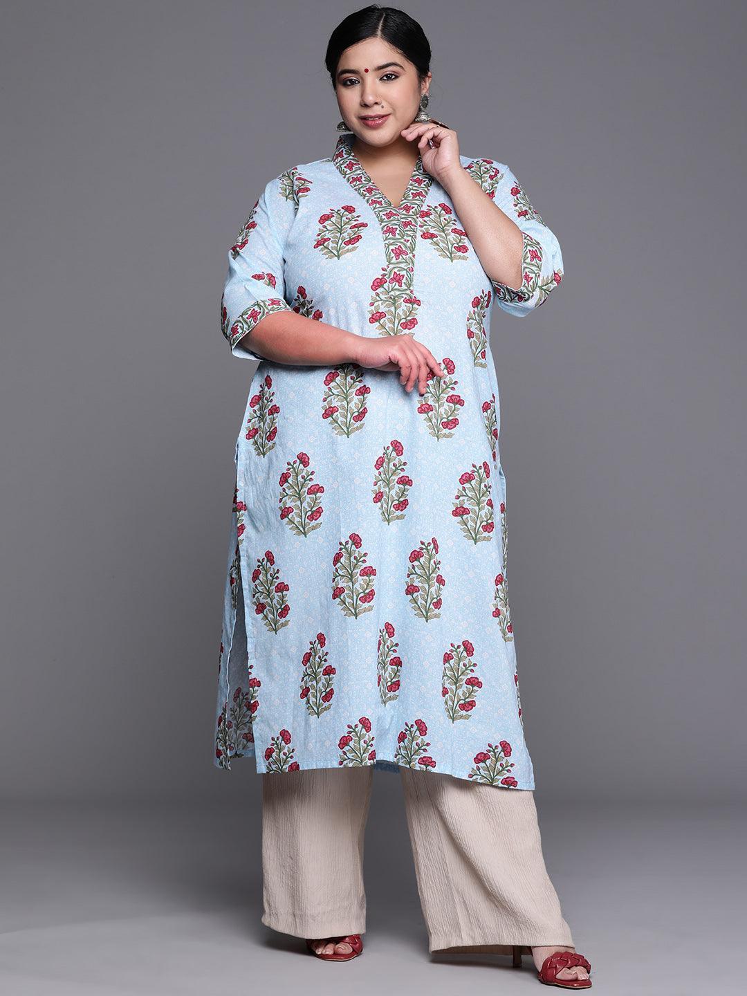 Plus Size Blue Printed Cotton Kurta