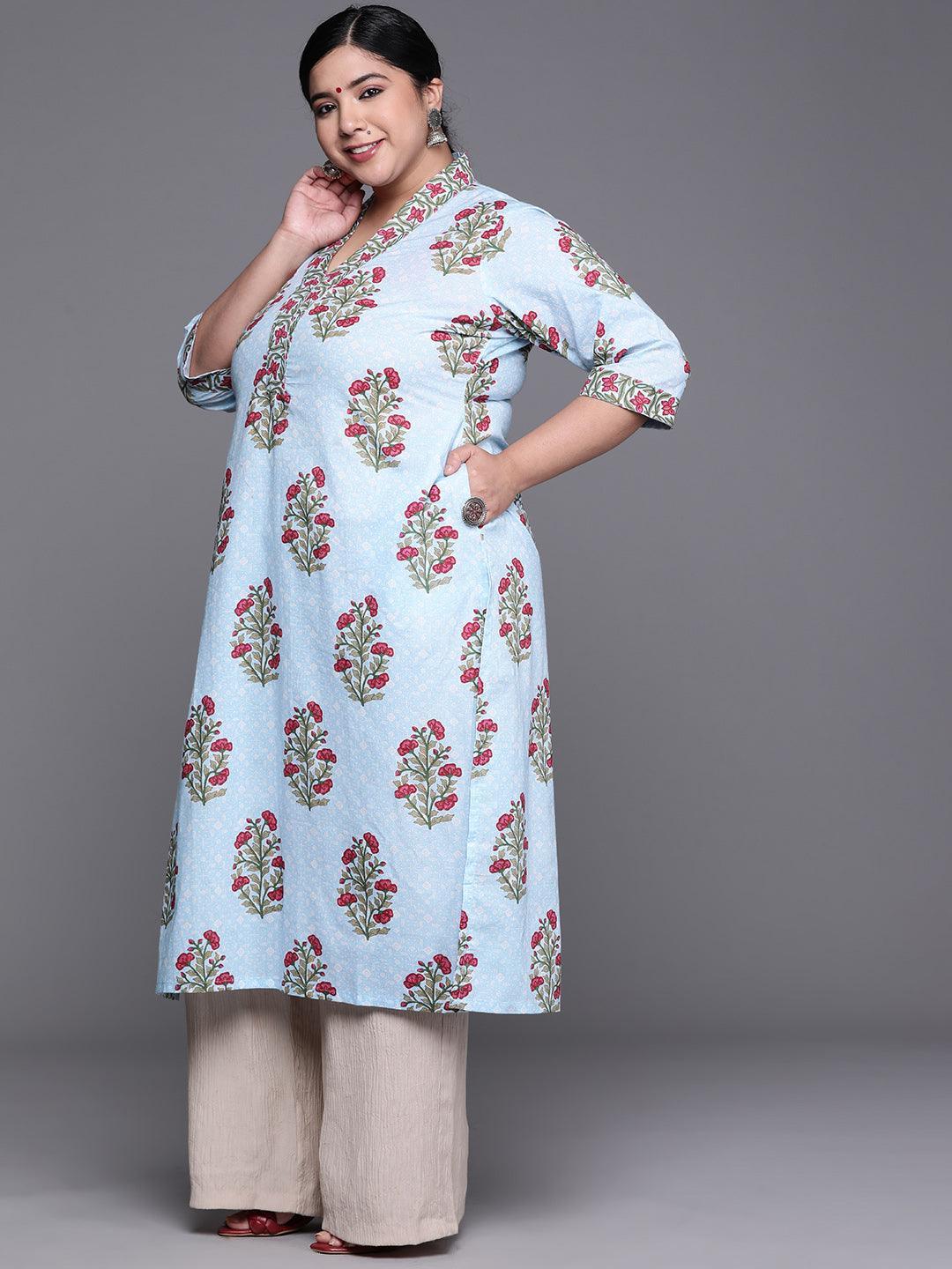 Plus Size Blue Printed Cotton Kurta