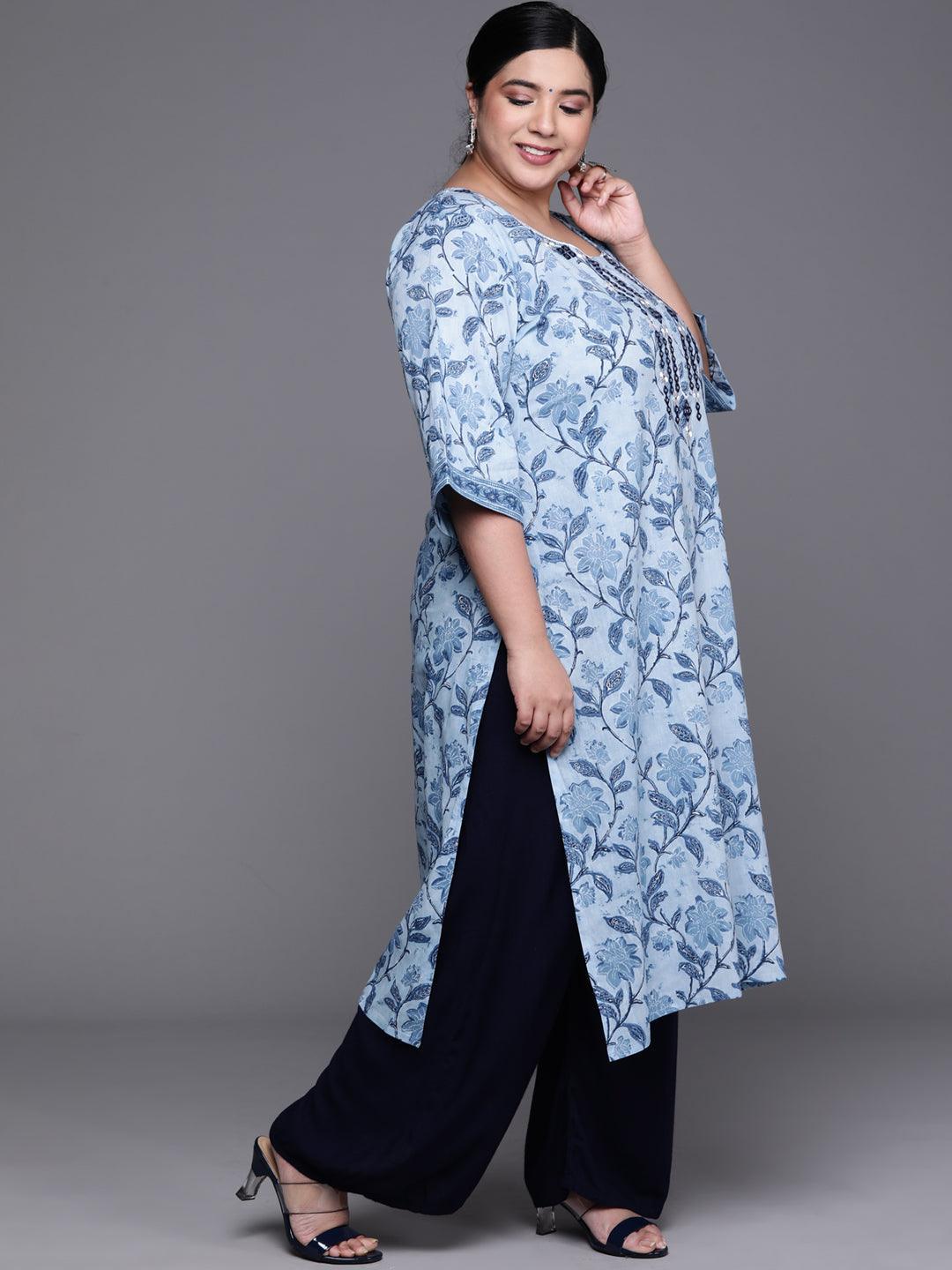 Plus Size Blue Printed Cotton Kurta