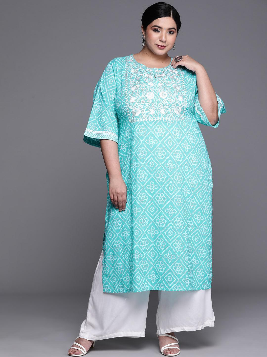 Plus Size Blue Printed Cotton Kurta