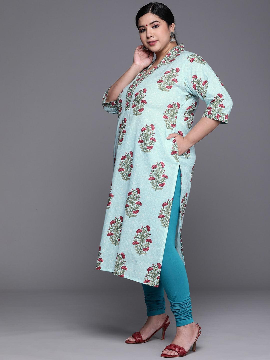 Plus Size Blue Printed Cotton Kurta