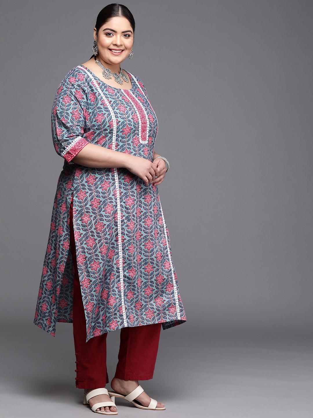 Plus Size Blue Printed Cotton Kurta