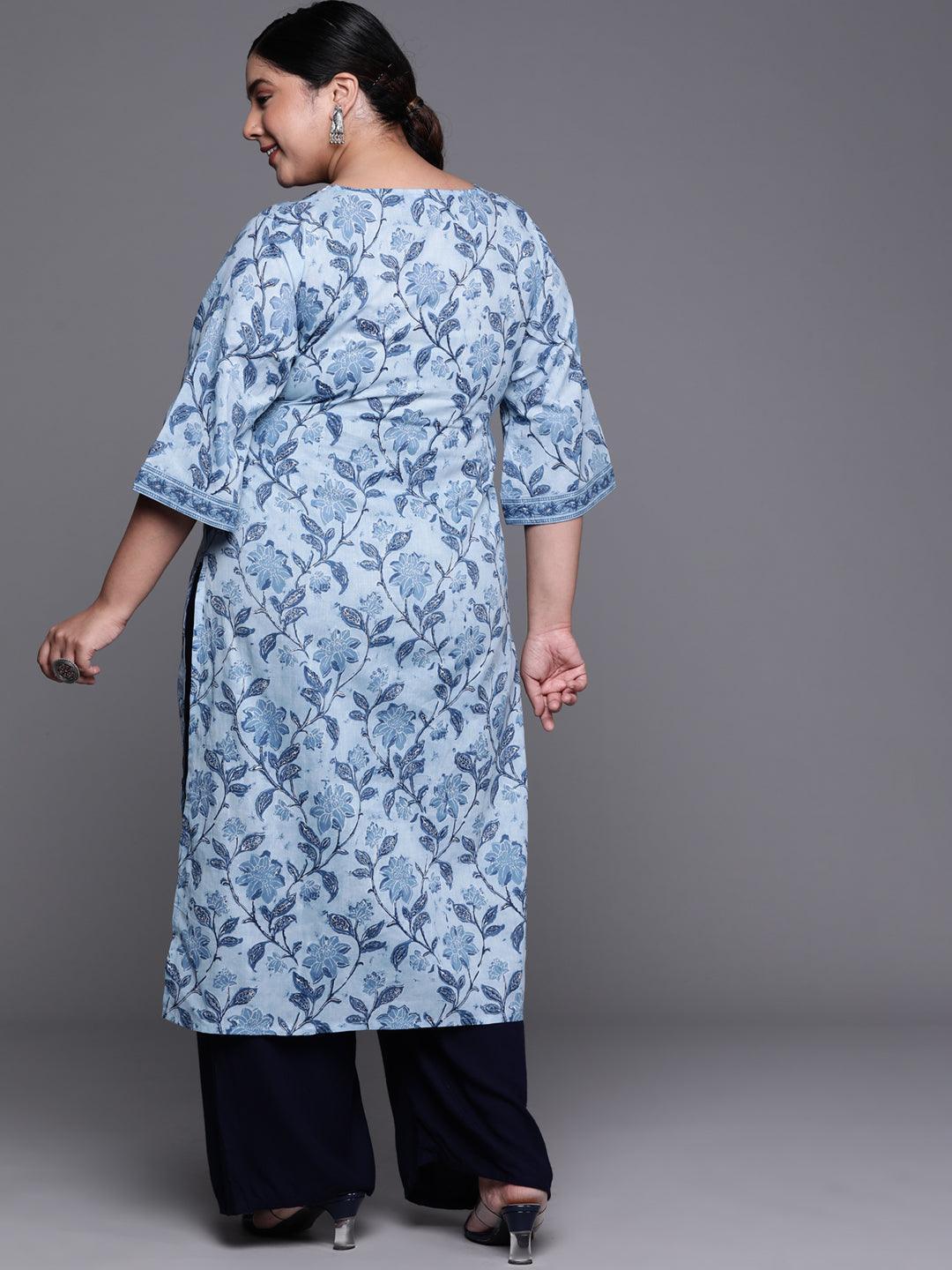 Plus Size Blue Printed Cotton Kurta