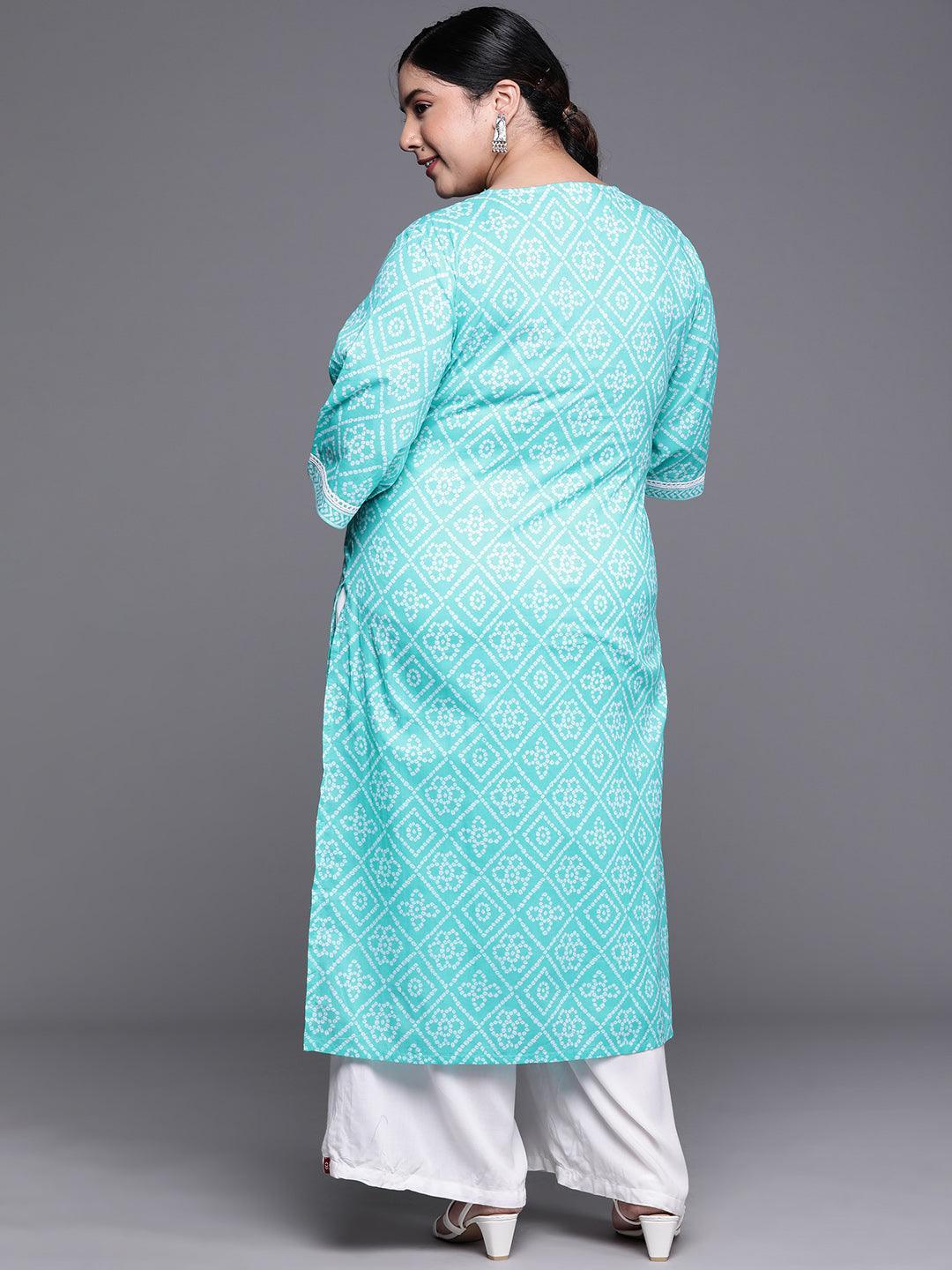 Plus Size Blue Printed Cotton Kurta