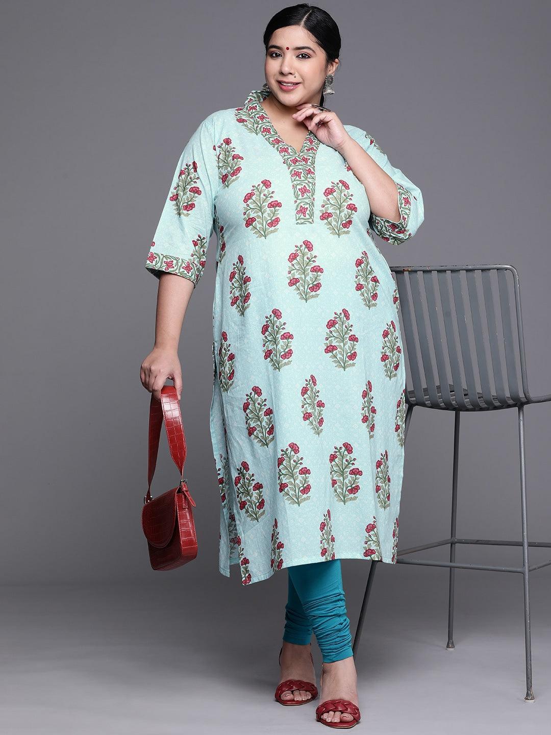 Plus Size Blue Printed Cotton Kurta