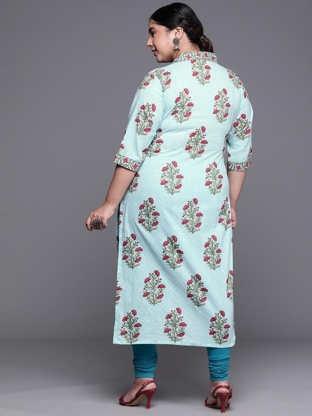 Plus Size Blue Printed Cotton Kurta