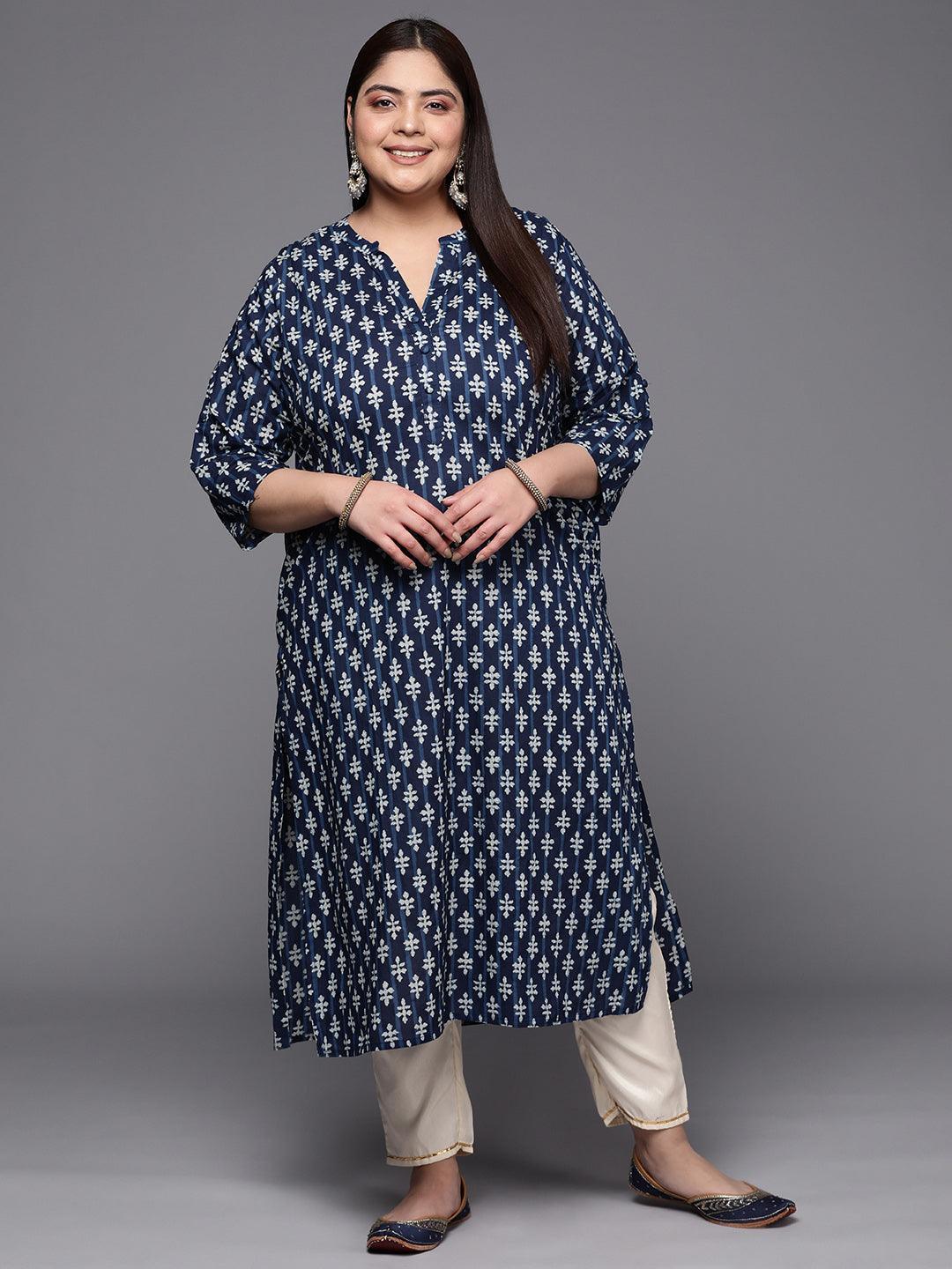 Plus Size Blue Printed Cotton Straight Kurta - ShopLibas