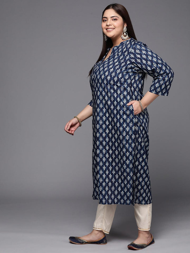 Plus Size Blue Printed Cotton Straight Kurta - ShopLibas