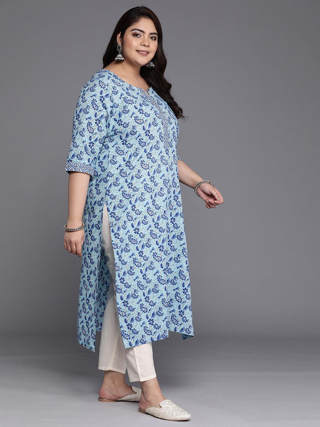 Plus Size Blue Printed Cotton Straight Kurta