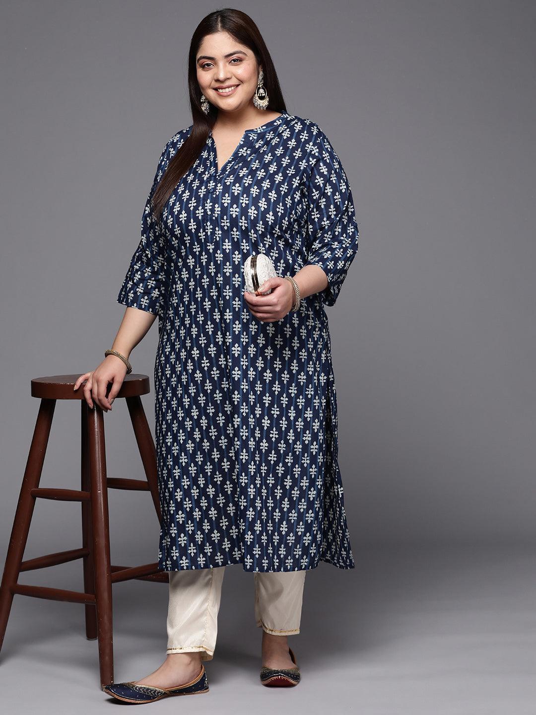 Plus Size Blue Printed Cotton Straight Kurta