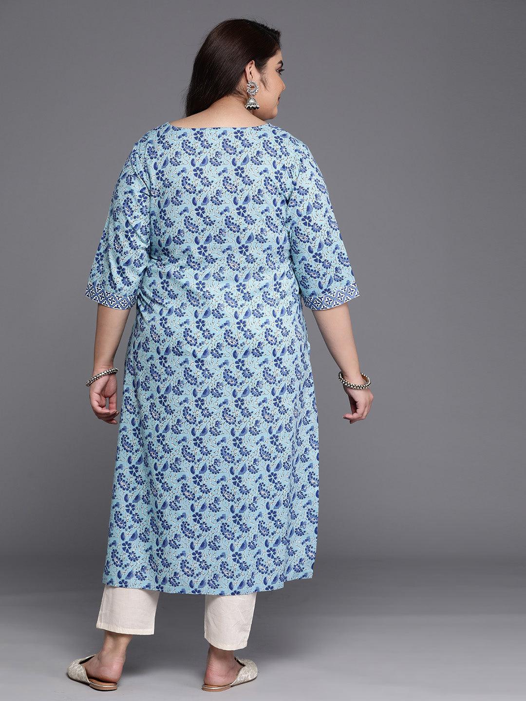 Plus Size Blue Printed Cotton Straight Kurta