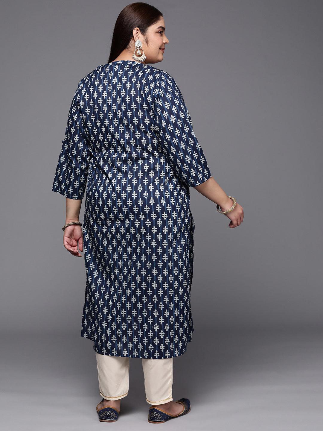 Plus Size Blue Printed Cotton Straight Kurta