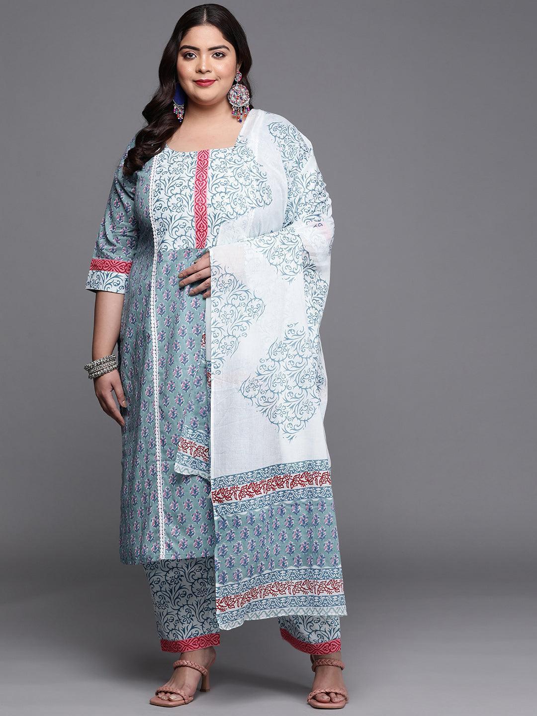 Plus Size Blue Printed Cotton Suit Set