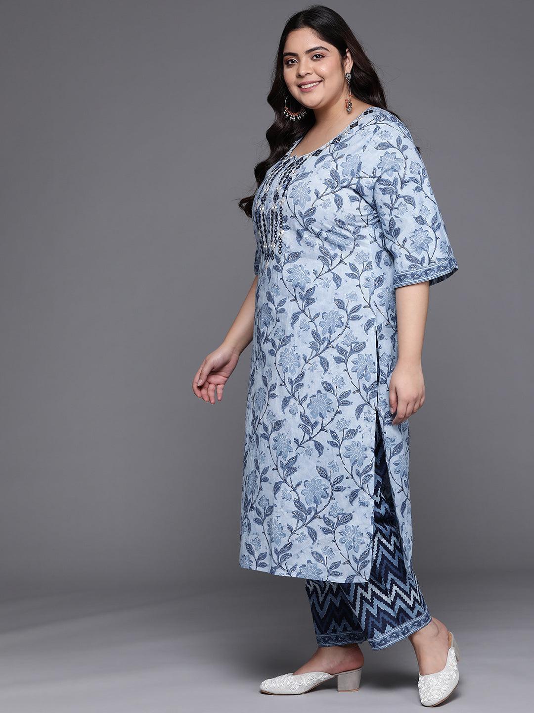 Plus Size Blue Printed Cotton Suit Set