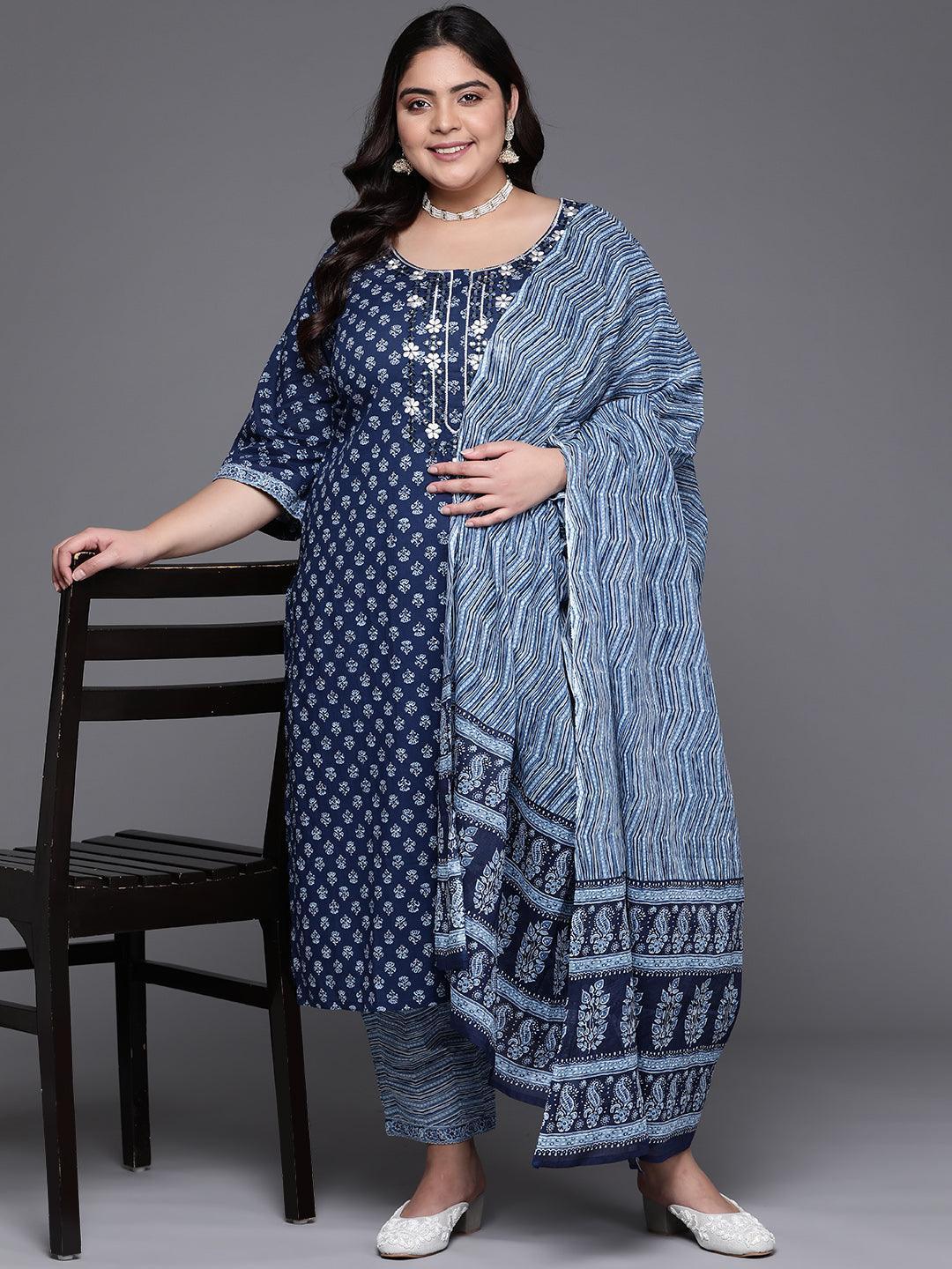 Plus Size Blue Printed Cotton Suit Set