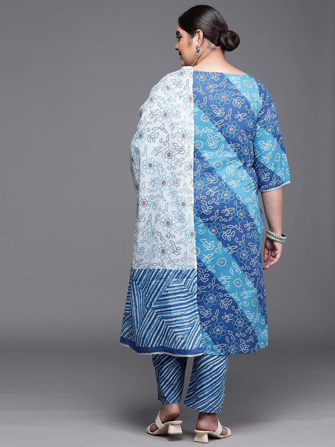 Plus Size Blue Printed Cotton Suit Set