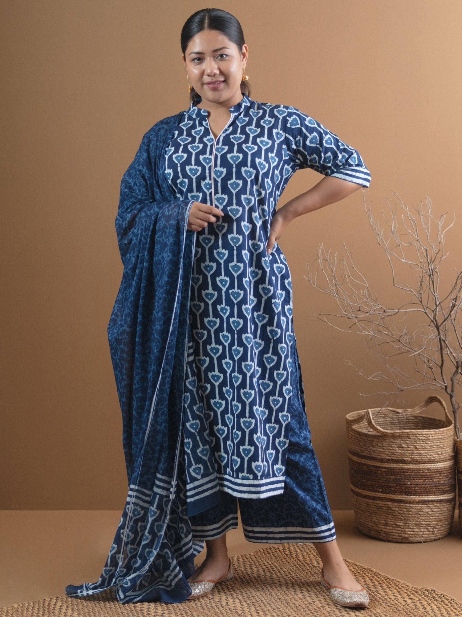 Plus Size Blue Printed Cotton Straight Suit Set