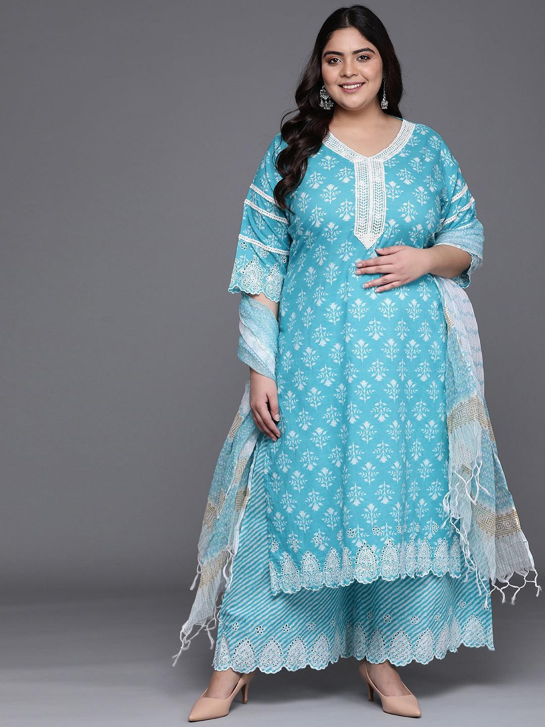 Plus Size Blue Printed Cotton Suit Set