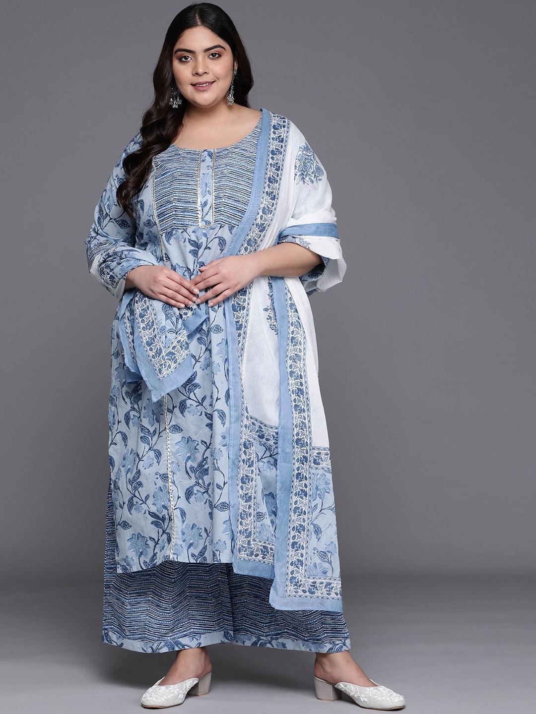 Plus Size Blue Printed Cotton Straight Kurta With Palazzos & Dupatta