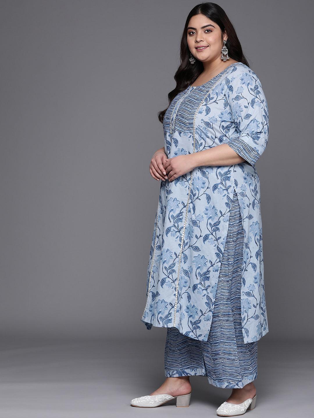 Plus Size Blue Printed Cotton Straight Kurta With Palazzos & Dupatta