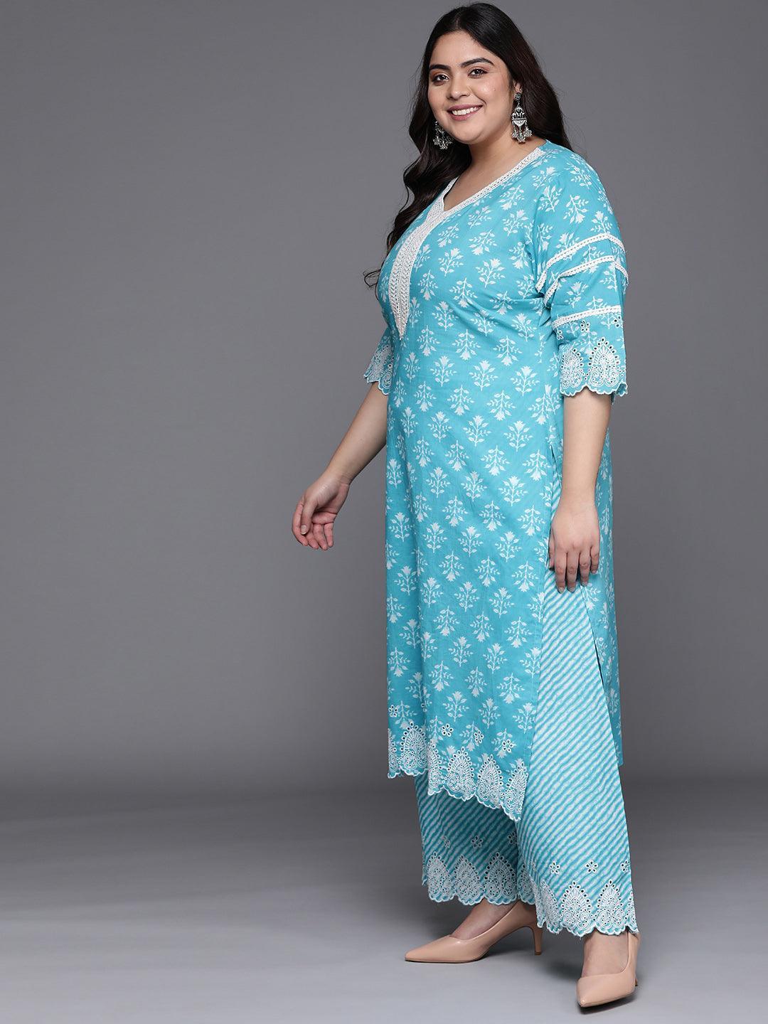 Plus Size Blue Printed Cotton Suit Set