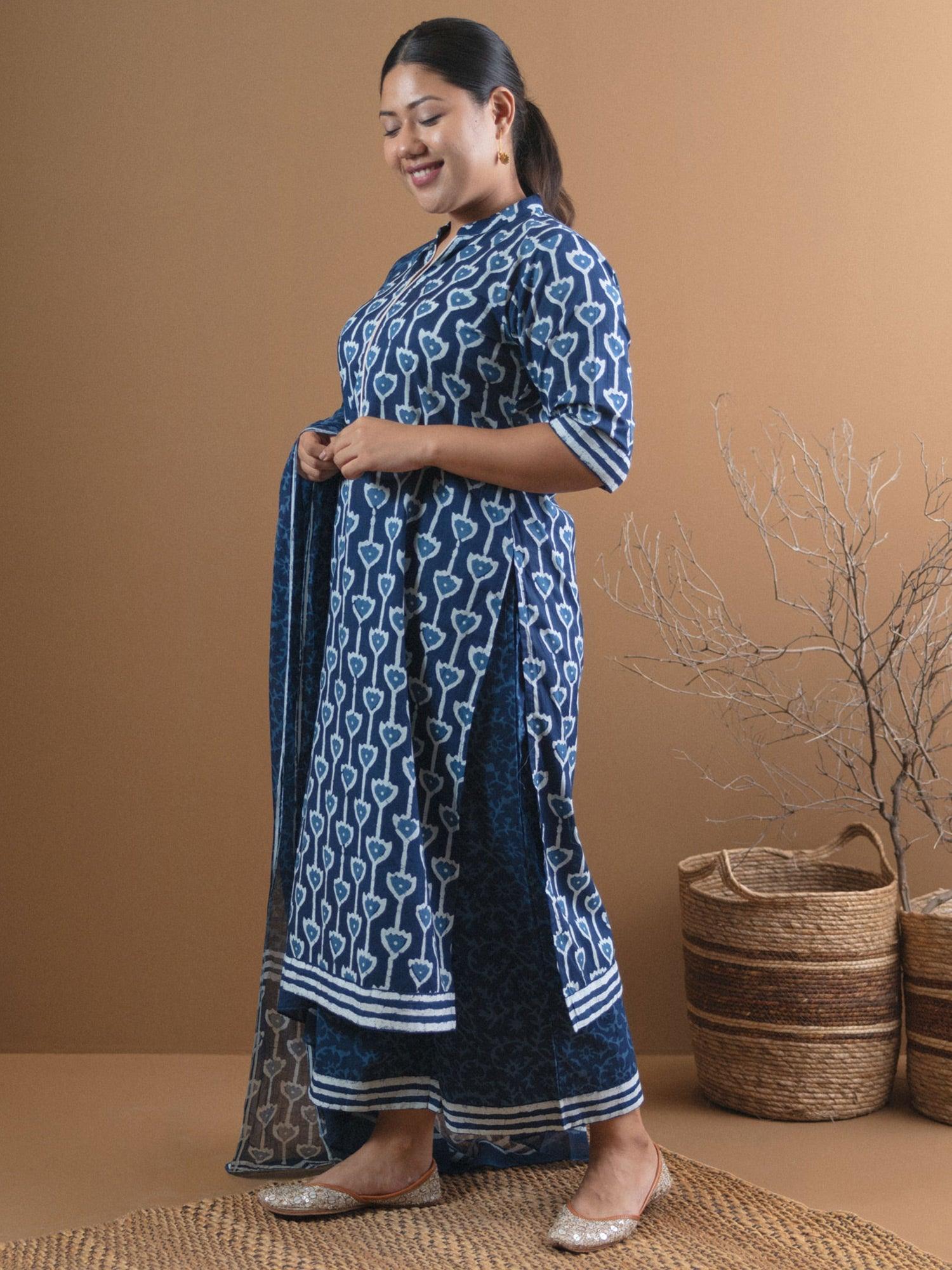 Plus Size Blue Printed Cotton Straight Suit Set