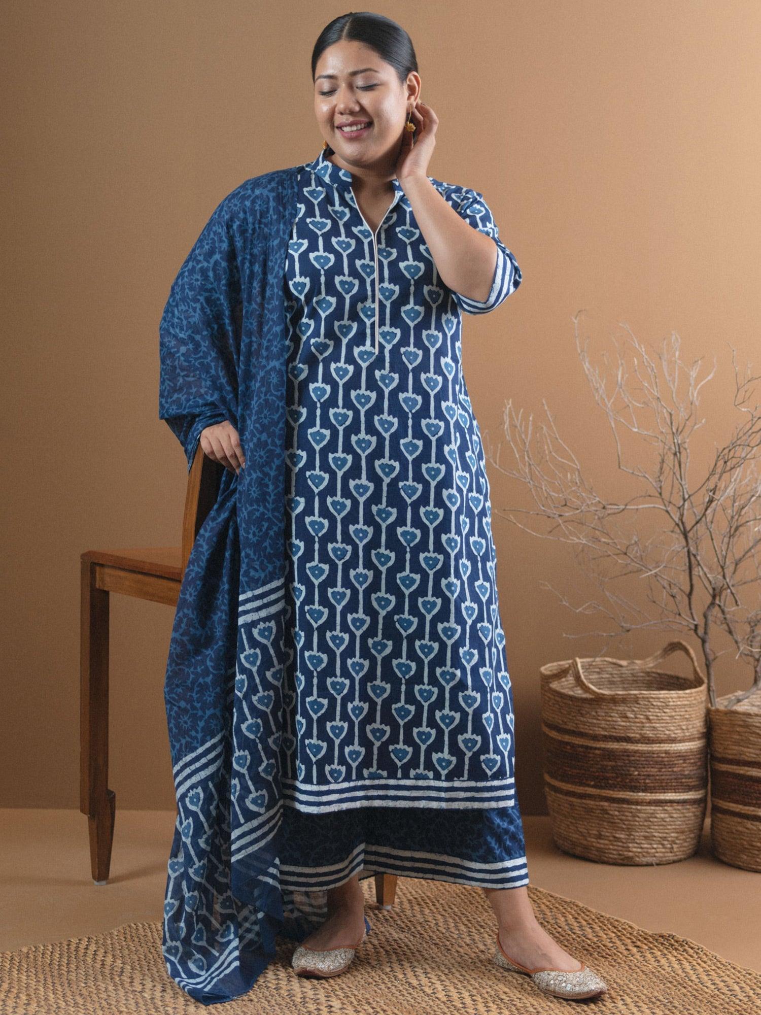 Plus Size Blue Printed Cotton Straight Suit Set