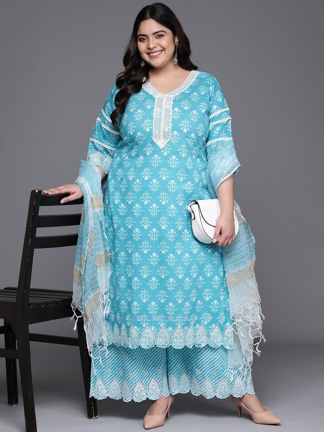 Plus Size Blue Printed Cotton Suit Set