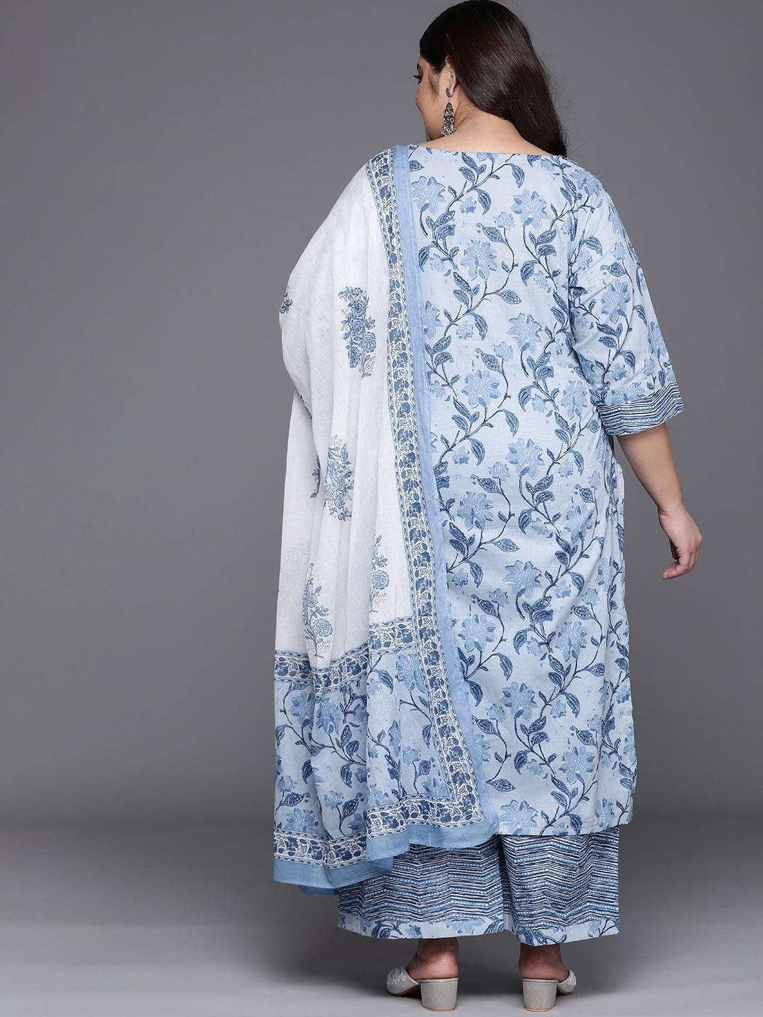 Plus Size Blue Printed Cotton Straight Kurta With Palazzos & Dupatta